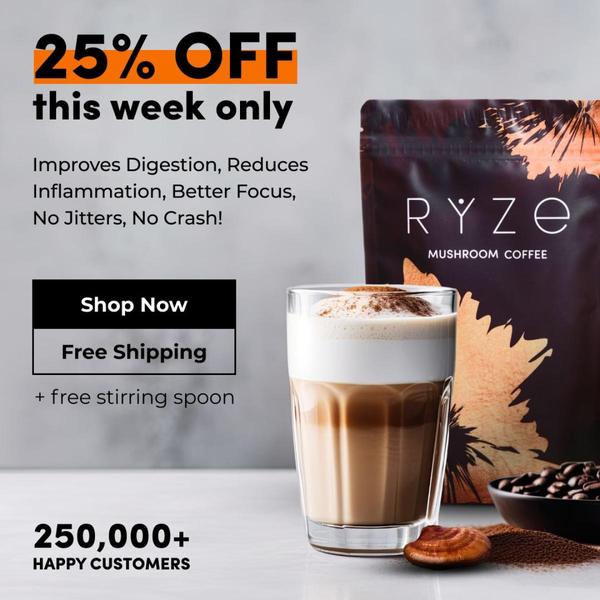 mushroom coffee, functional coffee, coffee blend, wellness coffee, adaptogenic coffee, limited time deal, free shipping, minimalist, trustworthy, warm, neutral, orange, brown